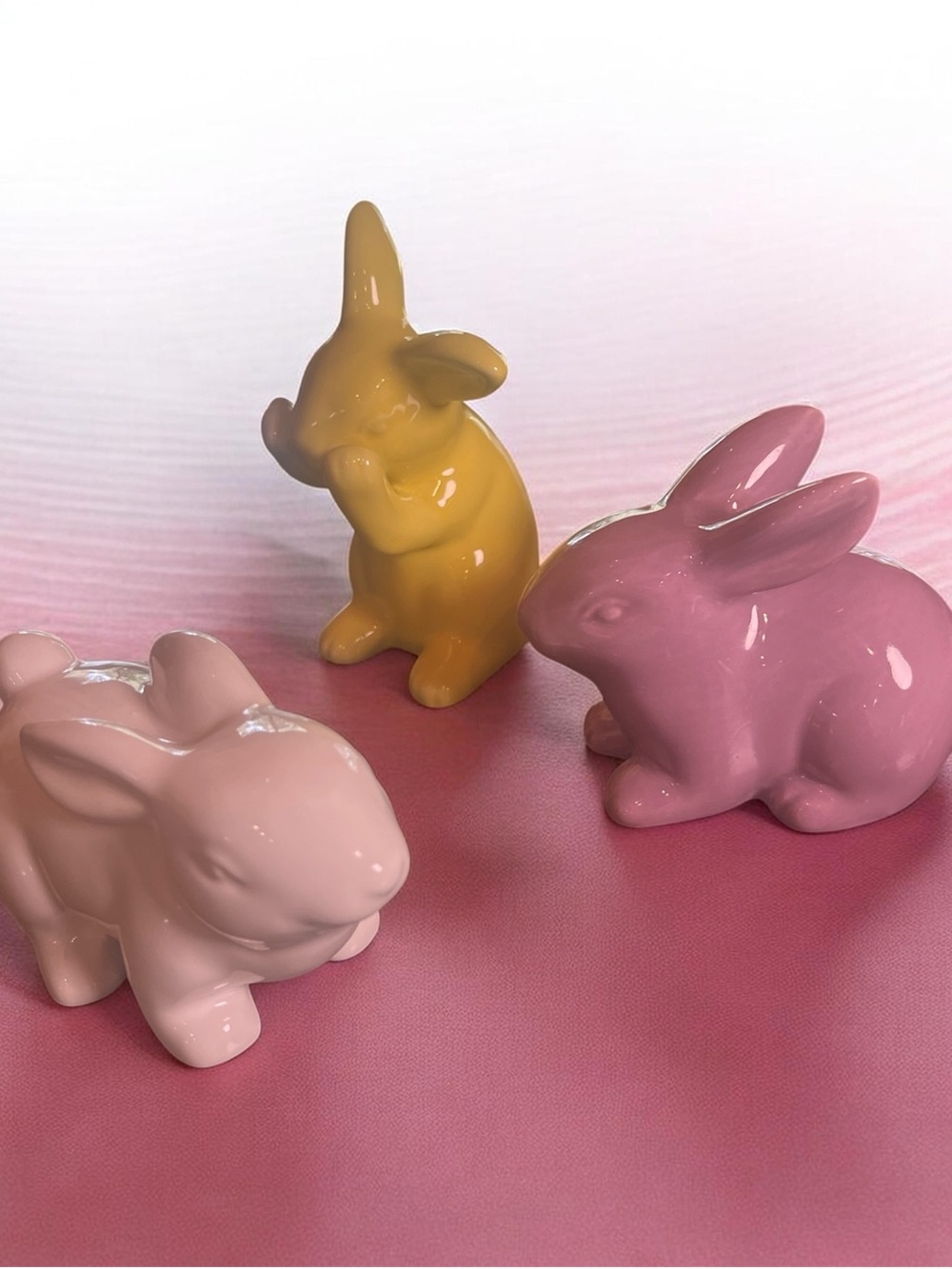 Glossy Ceramic Bunny Figurines - White, Purple, and Yellow